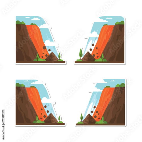 Four stylized illustrations depicting a cascading waterfall with falling rocks and a vibrant orange flow.