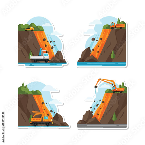 Illustrations depicting the process of earthmoving, rock removal, and construction activities.