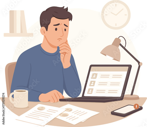 Man looking at job listings with indecision on a laptop, feeling confused and thoughtful about career change or job search while sitting at his desk vector