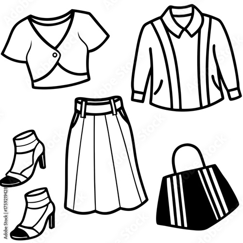 Fashion outfit elements collection including skirt shoes jacket and handbag