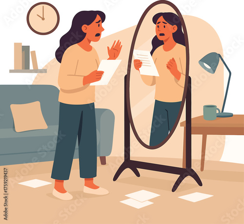 Young woman nervously rehearsing a speech at home in front of a mirror, showing glossophobia, anxiety, and public speaking fear and practice vector illustration