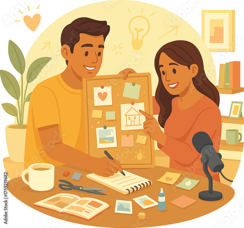 Couple making vision board for future plans together, collaborating on goal setting and dream house visualization, illustrating relationship goals and planning vector
