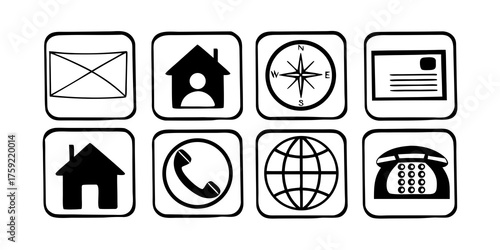 An icon set containing name, address, location, mail, email, E-mail, chat speech bubble, website, telephone, cell phone, fax for apps and websites.Business card contact information icon set. Containin