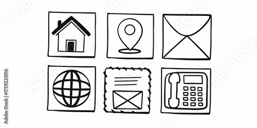 Business card contact information icon set. Containing name, address, location, mail, email, E-mail, chat speech bubble, website, telephone, cell phone, fax for app and website. Vector illustration.