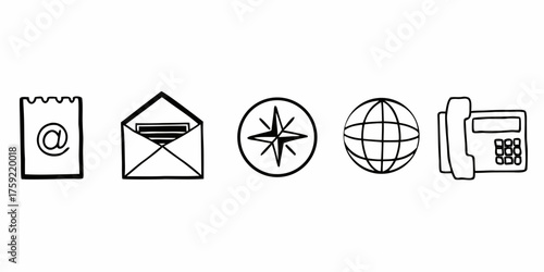 Business card contact information icon set. Containing name, address, location, mail, email, E-mail, chat speech bubble, website, telephone, cell phone, fax for app and website. Vector illustration.