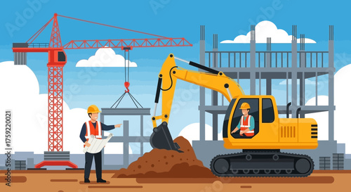 Workers and heavy machinery building a structure at a modern construction site Progress and industry