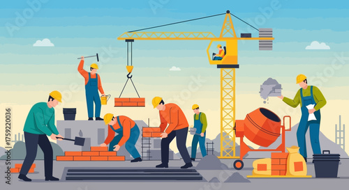 Construction workers in hardhats and overalls actively building with a crane bricks and cement mixer