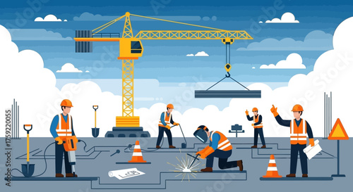 Construction site with workers crane and equipment Industry development engineering concept