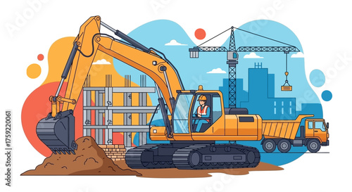Excavator dump truck crane on active construction site Building infrastructure  urban development