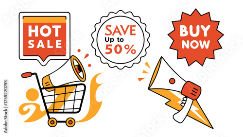 Announcing Hot Sales and Incredible Savings Up to 50% Off, Shop Now for the Best Deals, Featuring Shopping Cart and Megaphone to Amplify Your Savings