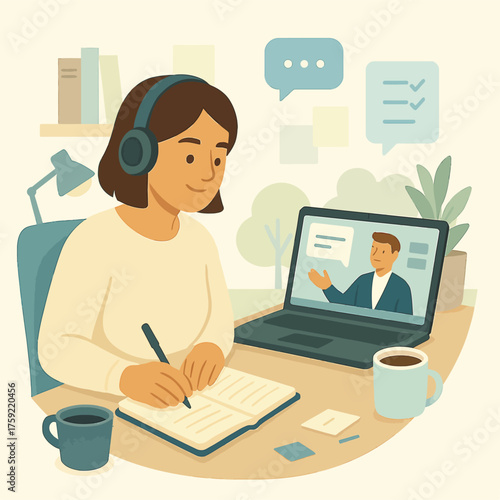 Freelancer taking notes during virtual seminar, watching an online conference on a laptop, illustrating remote learning and professional development in a home office vector