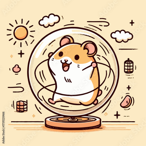 Illustration of a hamster running in a hamster wheel