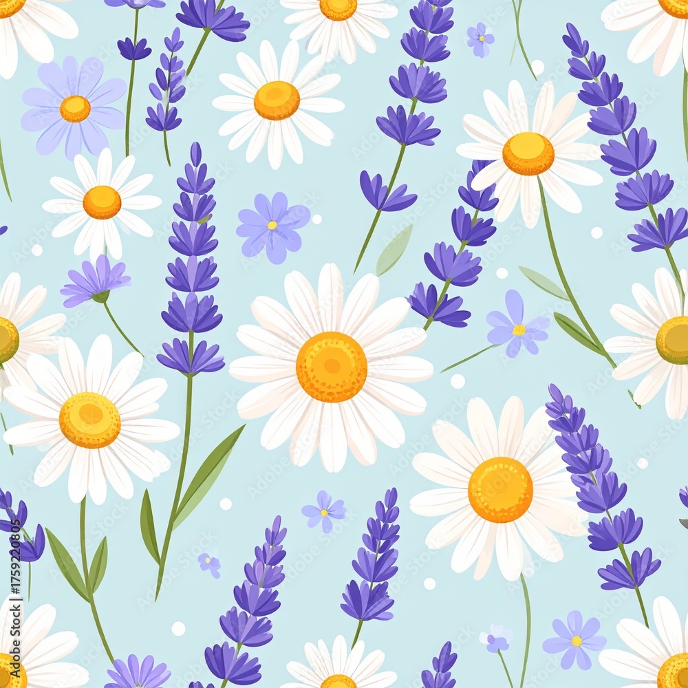 Obraz premium Seamless Floral Pattern with Daisies and Lavender on Blue Background — Vector Illustration