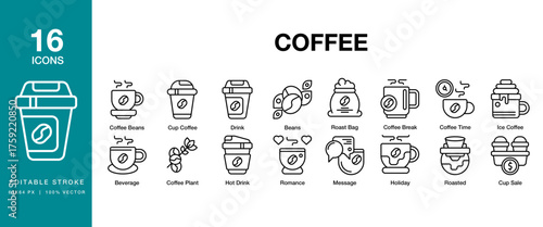 Coffee icon set. Includes coffee, espresso, latte, cappuccino, americano and More. Editable Stroke Icon Collection.