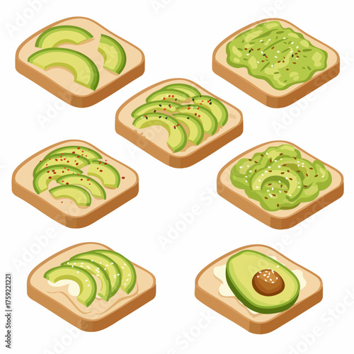 Detailed Isometric Style Avocado Toast Set Culinary Delight Food Illustration