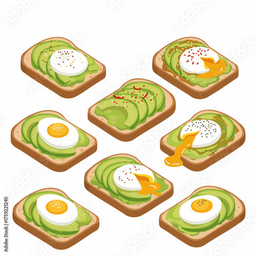 Isometric Delicious Avocado Toast with Egg Culinary Healthy Breakfast Set