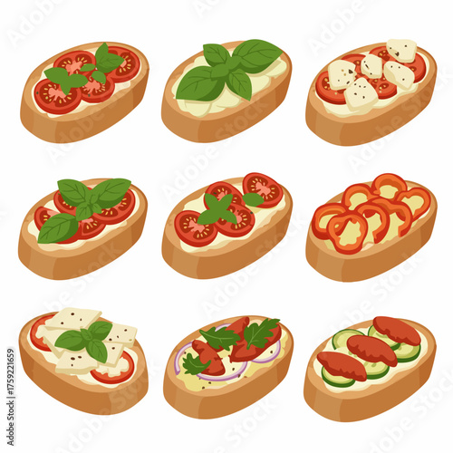 Realistic Isometric Bruschetta Toppings Variety Culinary Delicious Italian Appetizer Food