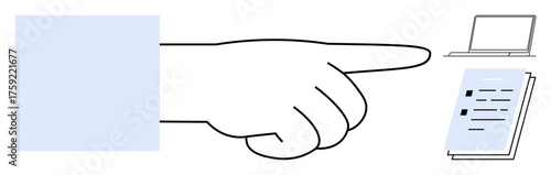 Hand pointing towards stacked documents and laptop. Ideal for tasks, workflow, prioritization, decisions, business, planning, education. Representation of focus and productivity in simple flat