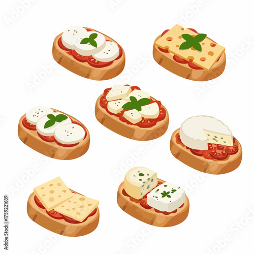 Colorful Flat Style Delicious Bread Topping Food Bruschetta Illustration