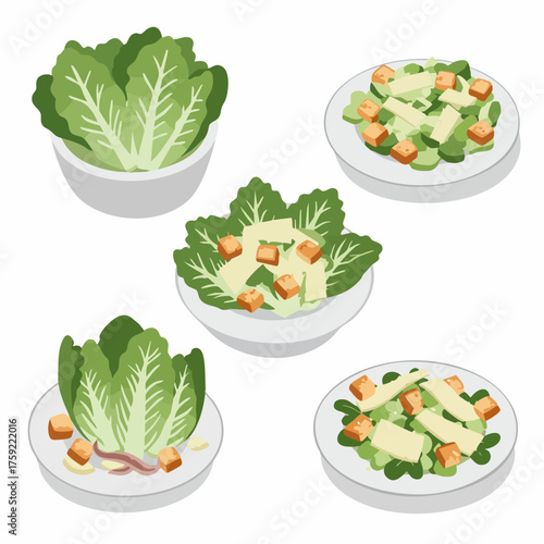 Isometric Delicious Caesar Salad Preparation and Serving Process Food Illustration
