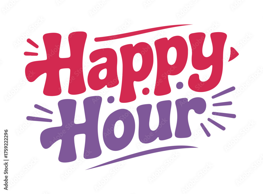 Fototapeta premium Colorful Happy Hour logo with stylized text in red and purple, promoting drinks.
