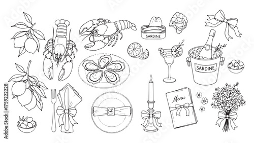 Vintage Wine and Dinner Illustration – Hand-Drawn Italian Café Doodle Art with Cocktail, Charcuterie, Pizza, and Dessert Elements, Chalk Vector Style, Retro Wedding Party Design, and Whimsical Food