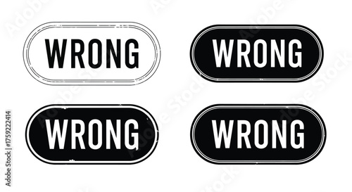 Four black and white signs displaying the word wrong in a repeated pattern