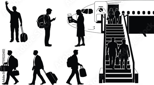 Airport travel icon set, silhouette passengers walking, boarding, waving, mobile check-in, suitcase, black and white illustration, 