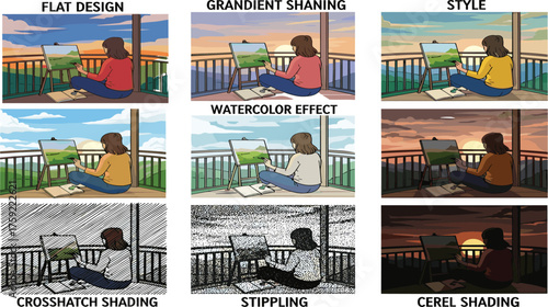 Art style comparison, balcony painter, sunset creativity, shading techniques, digital illustration, artistic rendering, visual mood, concept art, 