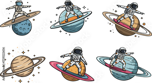 Astronaut surfing on colorful planets, cosmic adventure, space sport concept, cartoon style, whimsical galaxy art, fantasy universe, interstellar fun, sci-fi illustration