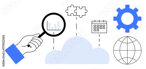 Hand holding magnifying glass over cloud with chart, puzzle piece, calendar, gear, globe. Ideal for technology, data management, cloud computing, collaboration organizational tools problem-solving