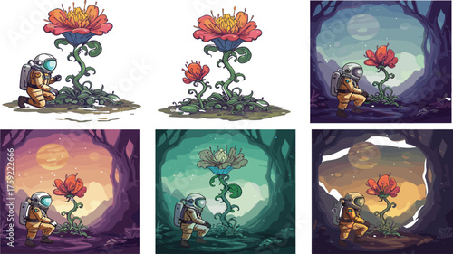 Astronaut exploring surreal alien flower, cosmic nature scene, fantasy sci-fi landscape, moonlight discovery, futuristic botany, space adventure, 
