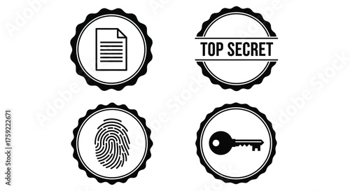 Security icons depicting document fingerprint key and top secret seal