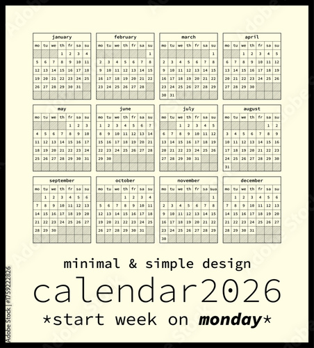 Calendar 2026 minimal and simple style the week starts on Monday