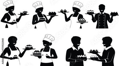 Baking icon set, silhouette chefs presenting cakes and pastries, black and white illustration, dessert serving and culinary activity grid
