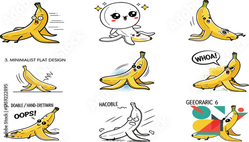 Banana character design grid, cartoon fruit expressions, vector styles, minimalist, geometric, hand-drawn, cute banana mascot, 