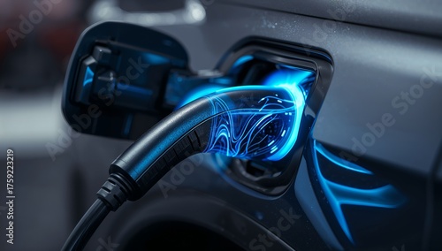 Close up of an EV charging connector glowing blue with futuristic digital power lines