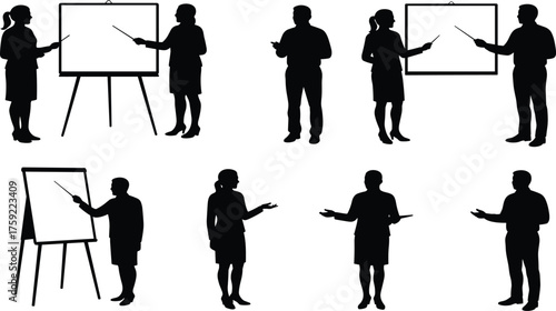 Business presentation silhouette, professional speaker, corporate training, team discussion, seminar illustration, teaching concept, boardroom communication, leadership, education, strategy, 