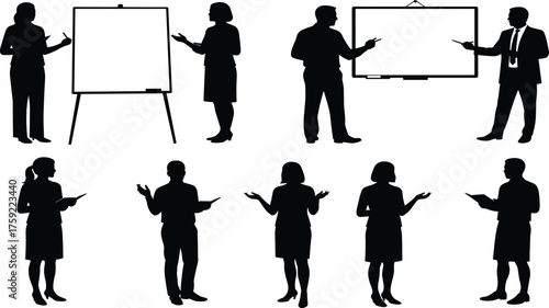 Business presentation silhouette, speaker icons, corporate training, public speaking, meeting discussion, leadership pose, professional communication, team briefing, 