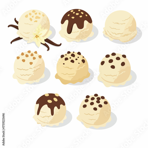 Realistic Colorful Ice Cream Scoop with Various Topping Illustration Set