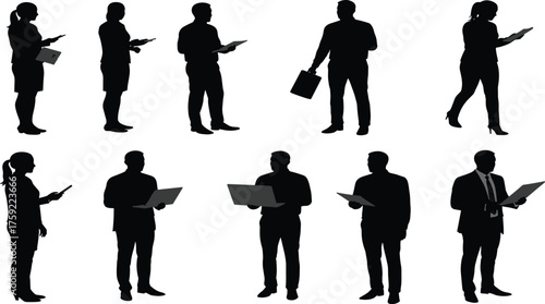 Business silhouettes, digital professionals, modern workplace, mobile technology, tablet users, laptop interaction, document handling, corporate lifestyle, tech-savvy team, communication, 