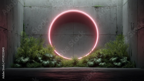 Illuminated neon pink circle creates a vibrant contrast with rough, textured concrete walls and flourishing greenery, showcasing an industrial aesthetic with minimalist design elements in a modern...