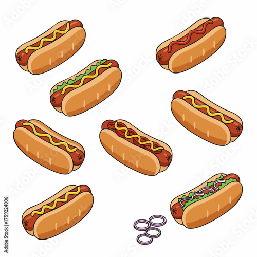 Colorful Illustration Hotdog Collection with Various Toppings Food Theme