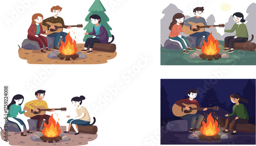 Campfire illustration, outdoor gathering, guitar playing, marshmallow roasting, forest camping, sunset vibes, night sky, friends bonding, cozy firelight, 