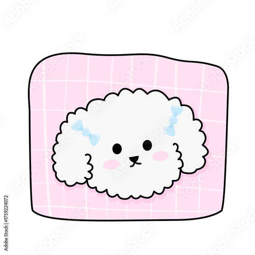 Fluffy White Dog with Blue Bows on Pink Checkered Blanket, Cartoon Style