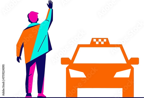 man hailing a taxi urban commute, dynamic travel, colorful transportation icon