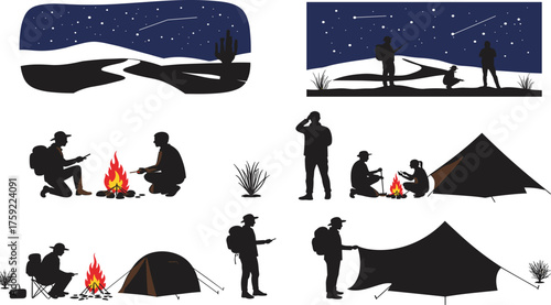 Camping silhouettes, outdoor adventure, desert night, tent scene, campfire gathering, hiking group, wilderness travel, nature exploration, starry sky, backpackers, 