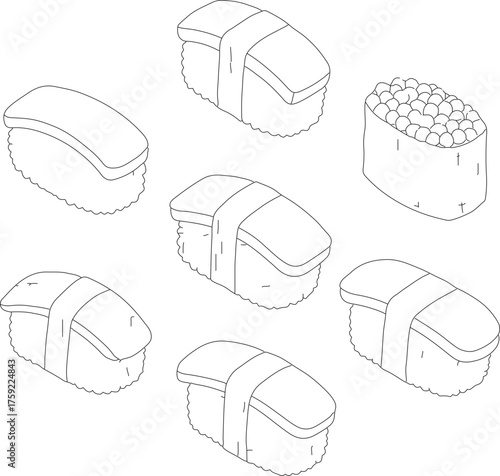 Line Art Various Sushi Type Set Japanese Food Illustration Drawing