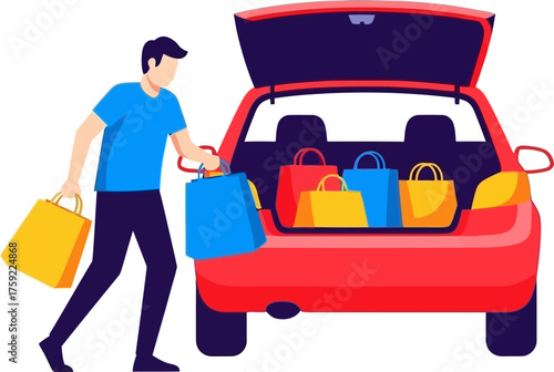 retail therapy done man fills car trunk with colorful purchases