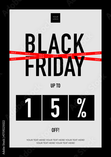 Black Friday Sale Banner Template with Red Discount Bar and 15 Percent Off Typography